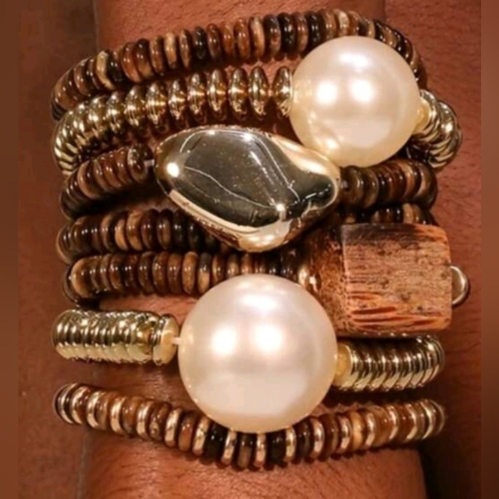 Elegant 5 Piece Gold and Brown Beaded Bracelet Set